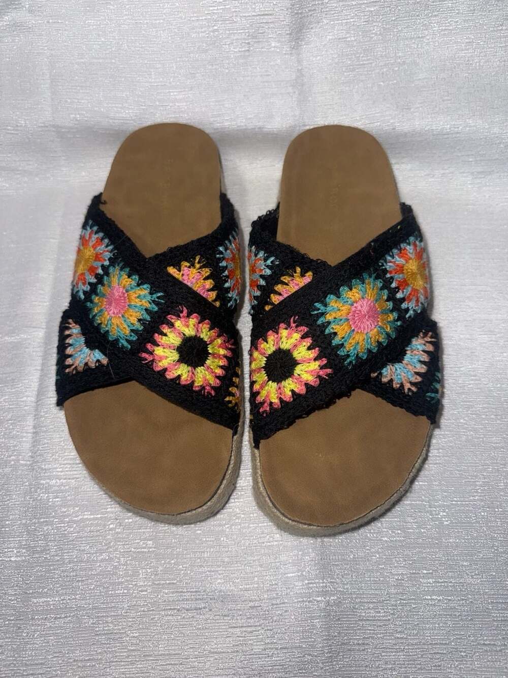 Bamboo Crochet Multi-Color Flower Platform Slide Sandals